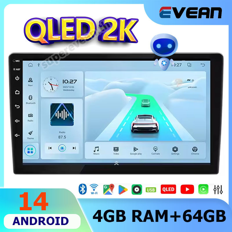 Android 14 QLED 2K Screen Android Car Player 4Core 4GB RAM+64GB 2din 9/10inch with GPS/WIFI/Bluetoot