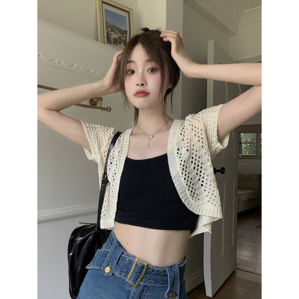 Gakki เสื้อคลุมแขนสั้น เสื้อแจ็คเก็ตสตรีคาร์ดิแกนกันแดดถักกลวงแขนสั้นผู้หญิง ฟรีไซส์ พร้อมส่ง 2124#