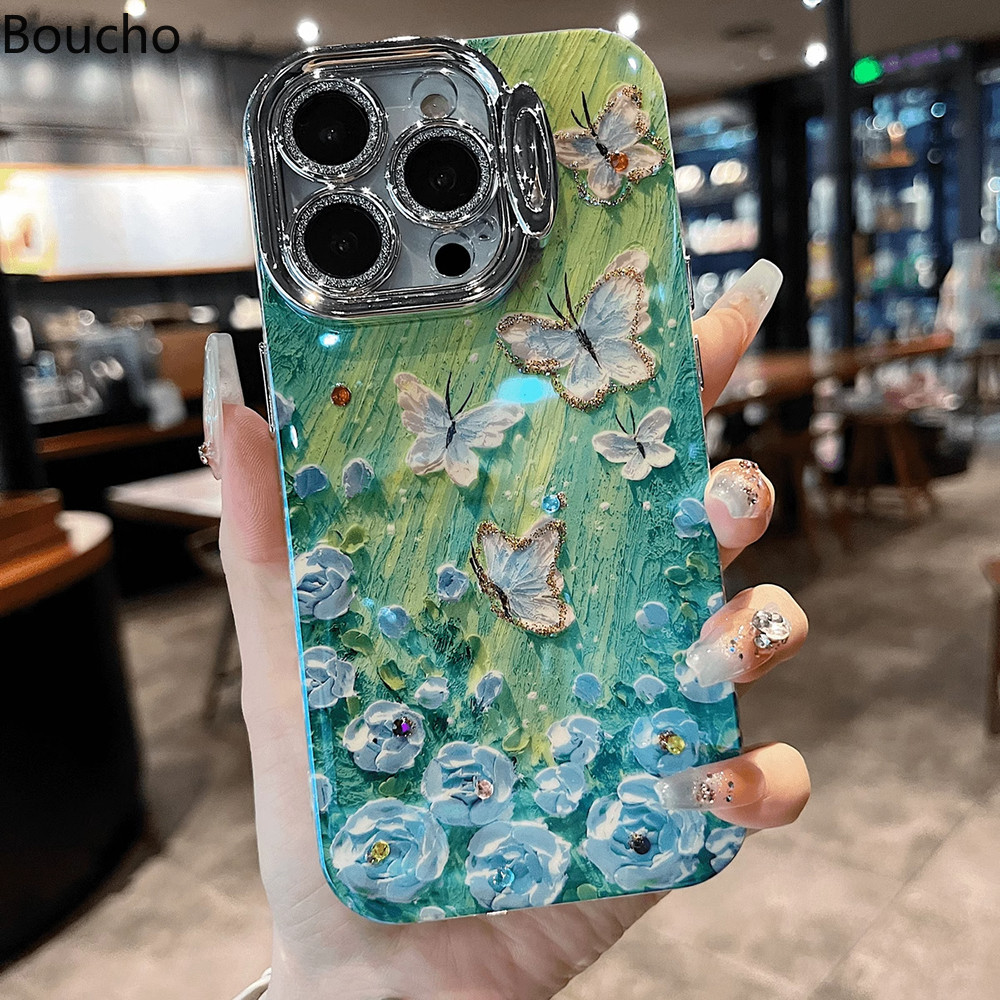 สําหรับ iPhone 13 Pro ภาพวาดสีน้ํามัน ดอกไม้ผีเสื้อรูปแบบกระต่ายเคสโทรศัพท์สําหรับ iPhone 11 12 13 14 15 Pro Max 15 plus ฟิล์มป้องกันเลนส์พร้อมฟังก์ชั่นวงเล็บเฉพาะฝาครอบ