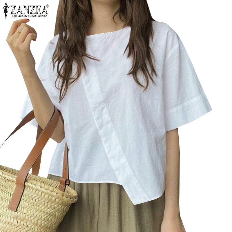 Zanzea เสื้อเบลาส์แขนสั้นชายไม่สม่ําเสมอ
