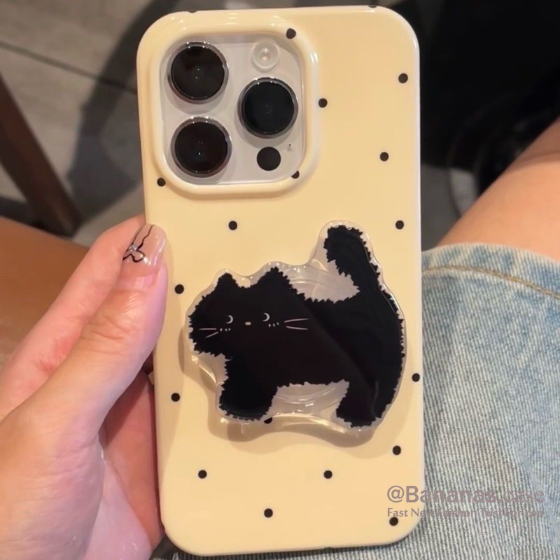 Iphone 15 14 13 12 11 Pro Max X Xr Xs Max 7 8 Plus SE2020 เคสโทรศัพท์การ์ตูนน่ารักแมวดํา + ขาตั้งปกอ่อน