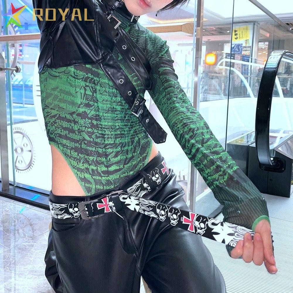 Royal เข็มขัดหนัง PU ส่วนบุคคล All-match Vintage Skull Skeleton รูปแบบ Y2K Cross Pin หัวเข็มขัด Punk สไตล์สําหรับผู้หญิงเกาหลีสายรัดเอว