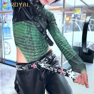 Royal เข็มขัดหนัง PU ส่วนบุคคล All-match Vintage Skull Skeleton รูปแบบ Y2K Cross Pin หัวเข็มขัด Punk สไตล์สําหรับผู้หญิงเกาหลีสายรัดเอว