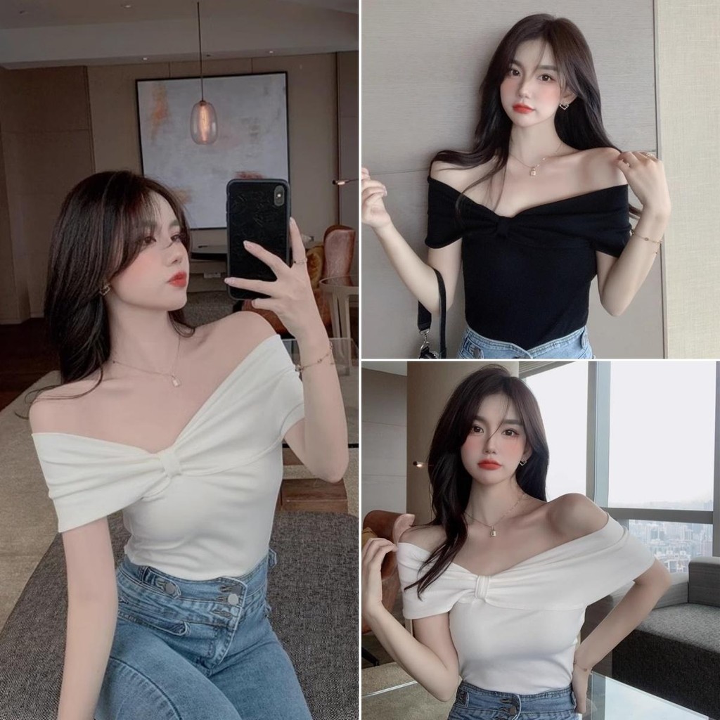 Hotgirl พร้อมส่ง เสื้อปาดไหล่ เสื้อยืดเก๋ๆผู้หญิง ผ้ายืดสวยๆ แขนสั้นปาดไหล่เซ็กซี่ ดีไซน์เก๋ไก๋โบว์ รุ่นใหม่ฤดูร้อน สไตล์เกาหลี