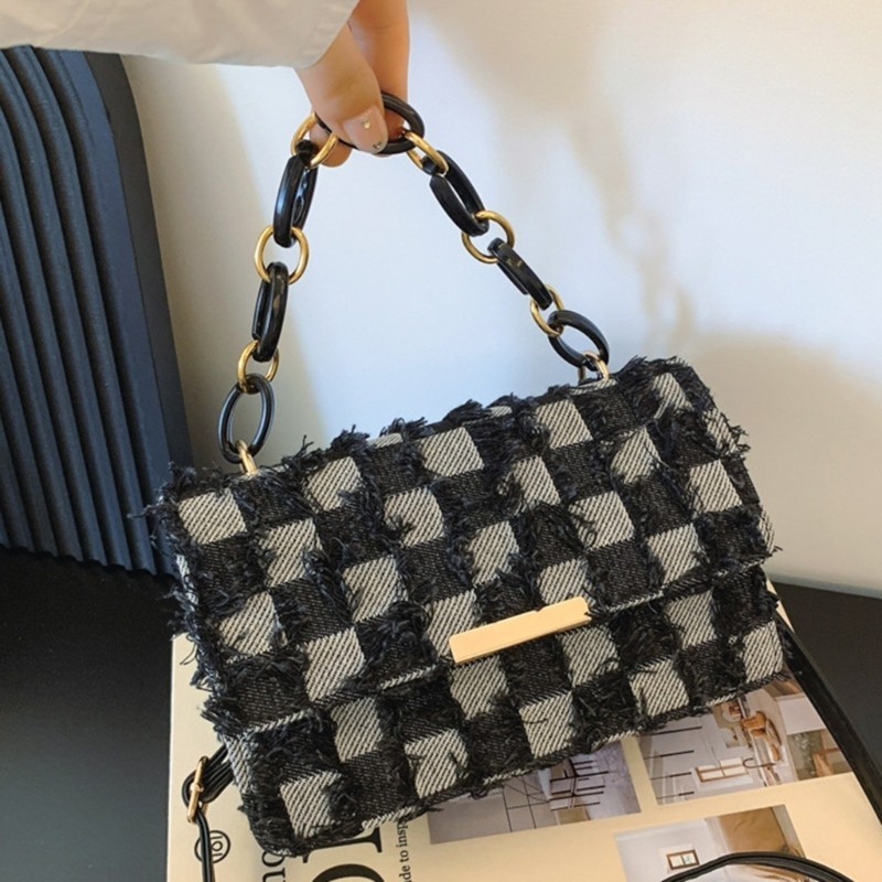 Sweetyvic Checkered กางเกงยีนส์ Flap กระเป๋าสะพายกระเป๋าถือโซ่ปรับสายรัด Denims Tassels กระเป๋าสะพายข้างสําหรับ