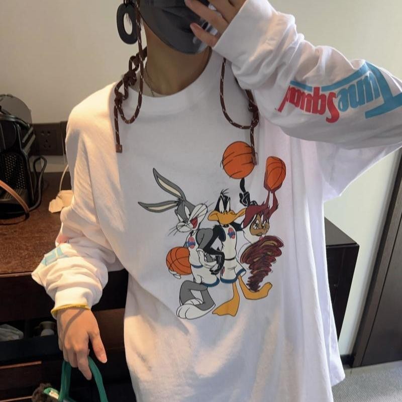 ผ้าฝ้าย 100% ส่วนบุคคล ถนน เกาหลีสนุกและน่ารักกระต่ายพิมพ์เสื้อยืดสําหรับผู้หญิงอเนกประสงค์และหวานแขนยาวด้านบนสําหรับสวมใส่ด้านนอ