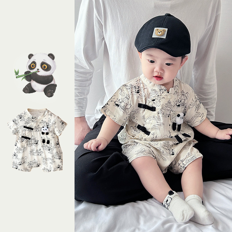 ฤดูร้อนใหม่เสื้อผ้าเด็กแขนสั้นแพนด้า ชุด บางสุดหล่อสไตล์จีนแพนด้าสุดน่ารัก ชุดรอมเปอร์