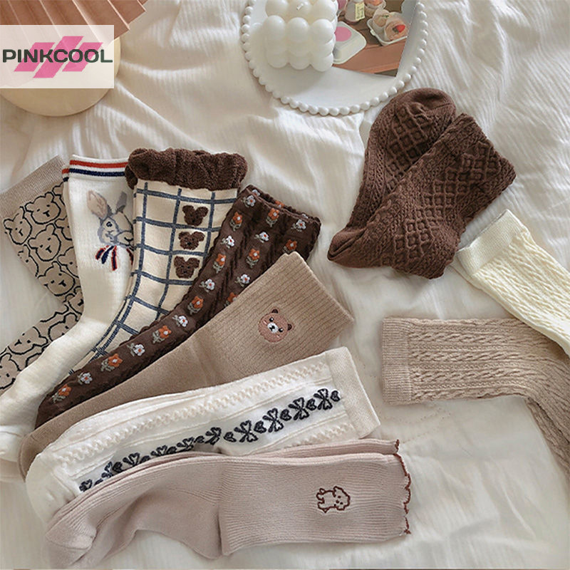 Pinkcool การ์ตูนน่ารักถุงเท้าสัตว์พิมพ์หมีกีฬาแฟชั่นญี่ปุ่น kawaii ผู้หญิงผ้าฝ้ายออกแบบ rhombus สาวถุงเท้า HOT