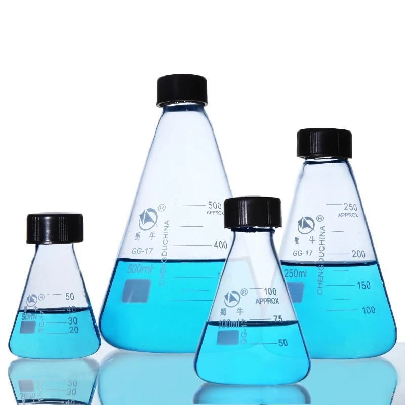 50ml 100ml 250ml 500ml 1000ml Lab Glassware แก้ว Pyrex กรวย Erlenmeyer ขวดตัวอย่างขวดรีฟิลพร้อมสกรูฝ