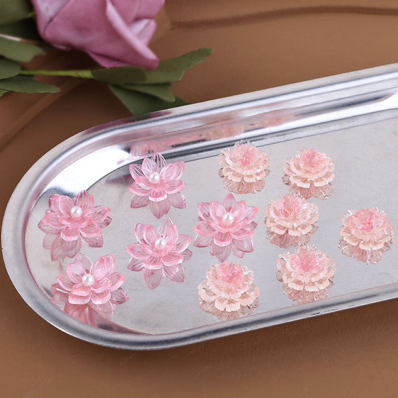 แพทช์เรซินดอกไม้ห้ากลีบสีชมพู รูปหัวใจ ไข่มุก ดอกบัว DIY เครื่องประดับทำมือ ต่างหูสตั๊ด