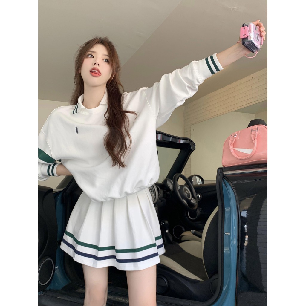 ฤดูใบไม้ร่วงฤดูหนาวแขนยาวกระโปรงซับกีฬาโปโลคอปกเสื้อกันหนาวผู้หญิงสาวร้อนแจ็คเก็ตหลวมสีขาวขนาดบวกสูท