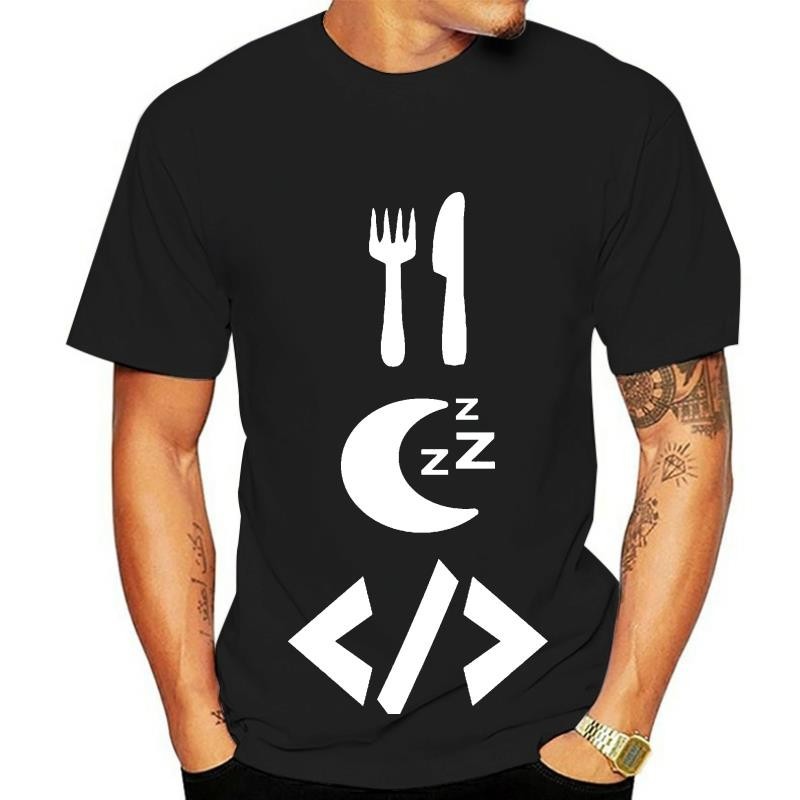 Eat Sleep Code ทําซ้ําเสื้อยืดผ้าฝ้ายผู้ชายคอมพิวเตอร์ Coder Source Dtat Java Html
