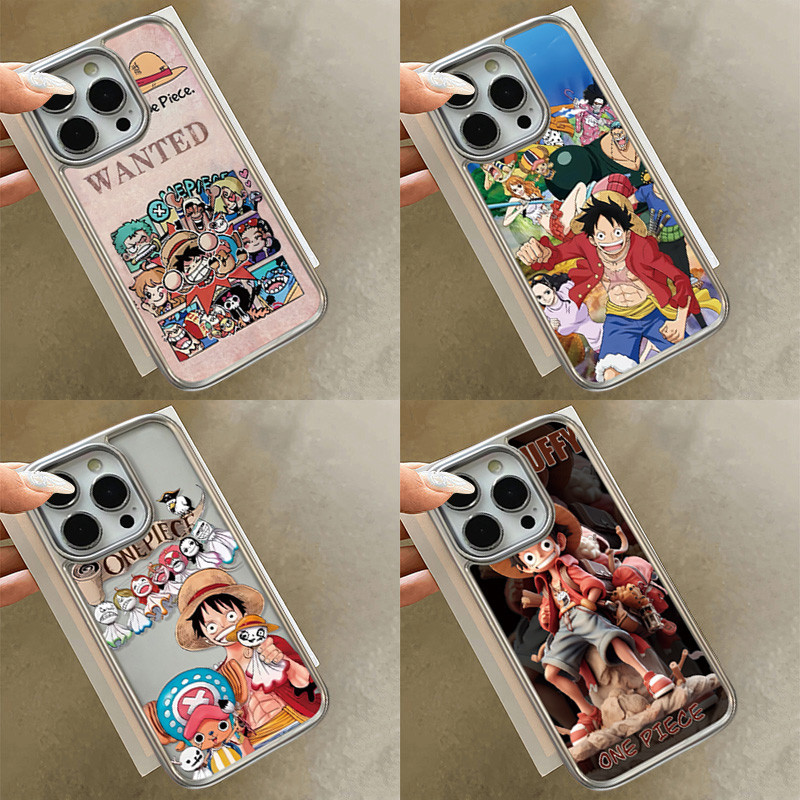 เทรนด์อนิเมะลูฟี่วันพีซสุดเท่ กรอบชุบโบว์ไทด์สวยงาม เคส IPhone 7Plus 11 12 13 15 14 Pro Max X XR XS MAX 7 8 14 15 Plus