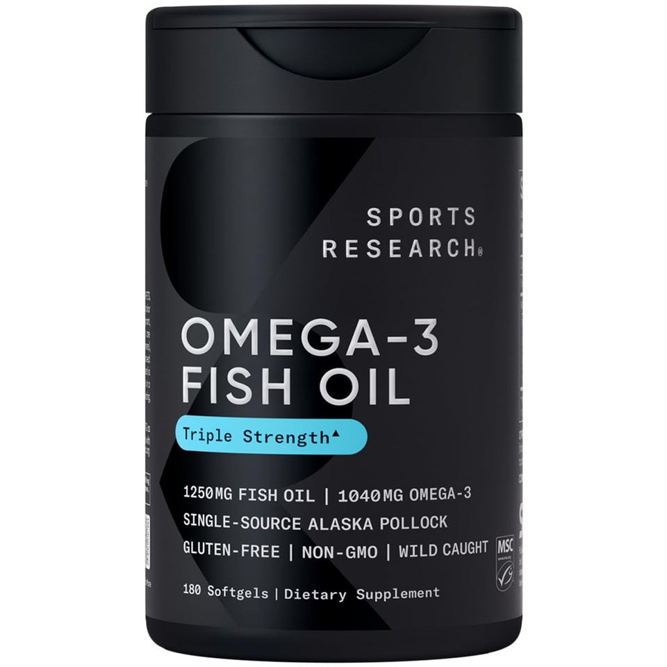 [ผลิตในสหรัฐอเมริกา] การวิจัยกีฬา Triple Strength Omega 3 Fish Oil - 1250mg, 180 Softgels, Burpless,