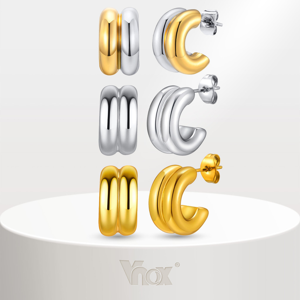 Vnox ต่างหูห่วงทูโทนสําหรับผู้หญิง,18k ต่างหูสตั๊ดรูปตัว C สองชั้นแฟชั่นอินเทรนด์เครื่องประดับของขวัญคริสต์มาส