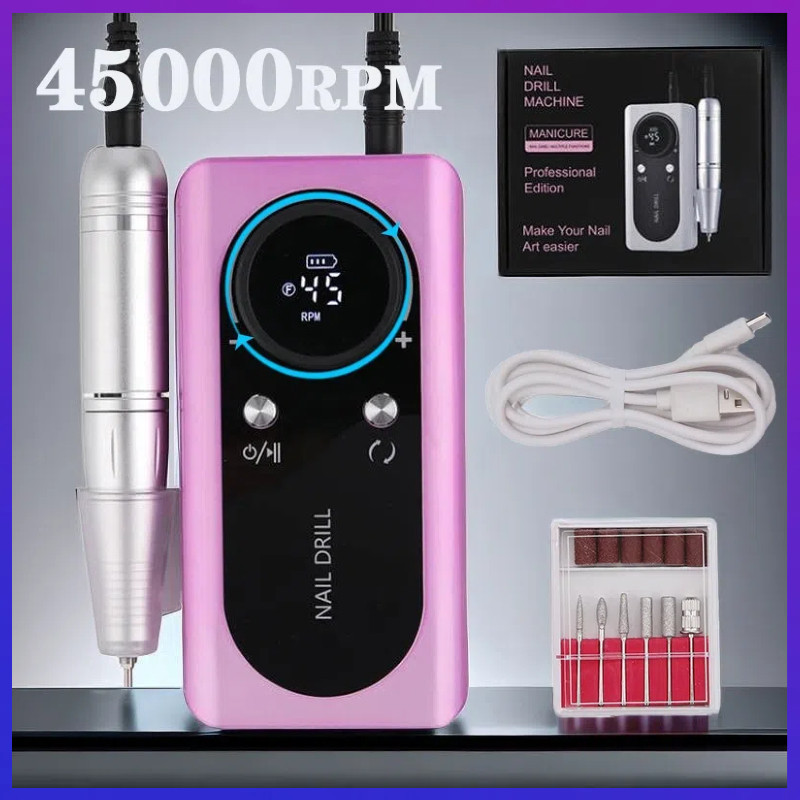 เครื่องขัดเล็บไฟฟ้า 45000RPM เครื่องบดเล็บมืออาชีพไฟฟ้าแฟ้มหน้าจอ LCD แบบพกพาเจลเล็บ Salon