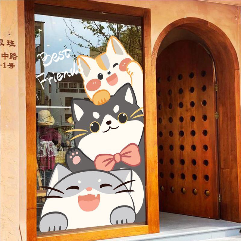 สติกเกอร์ลายแมวน่ารักร้านขายสัตว์เลี้ยงร้านชานมร้านเบเกอรี่สติกเกอร์กระจกหน้าต่างสติกเกอร์ประตูสติ๊กเกอร์ติดผนัง