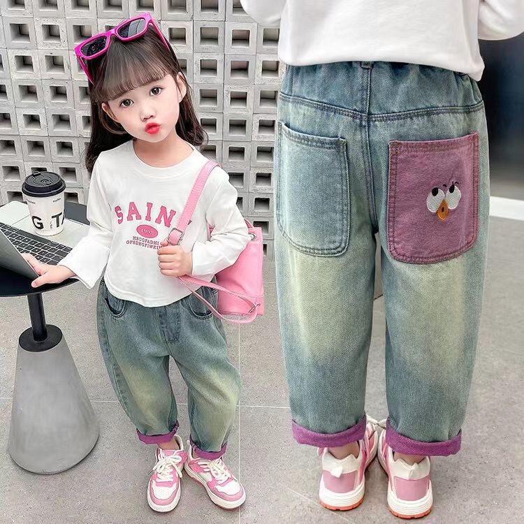 【YAOEENH】100-160 ซม.กางเกงยีนส์เด็กผู้หญิงกลางเด็กใหญ่สไตล์ตะวันตกหลวมตรงเรียบง่ายทุกการแข่งขัน Duzui กางเกงแครอทด้านล่างสีสันสดใสพร้อม