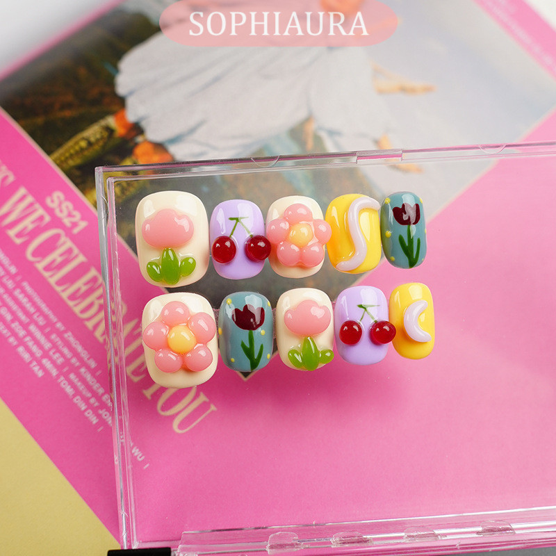 โซโปฮีอารา เล็บทําด้วยมือซุปเปอร์สั้นสแควร์ออกแบบน่ารัก โดปามีน สไตล์ที่มีสีสันเงาหรูหราเล็บปลอมหรูหราที่ทําด้วยมือกดบนเล็บเล็บปลอมเล็บ