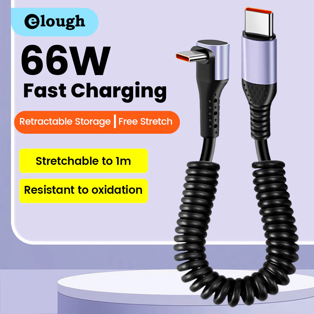 Elough 3 in 1 ข้อศอก USB/Type C Connector รถสั้นฤดูใบไม้ผลิข้อมูลสาย 0.2M ถึง 1M แบบพกพา USB C/Type C ถึง Type C PD สายชาร์จ