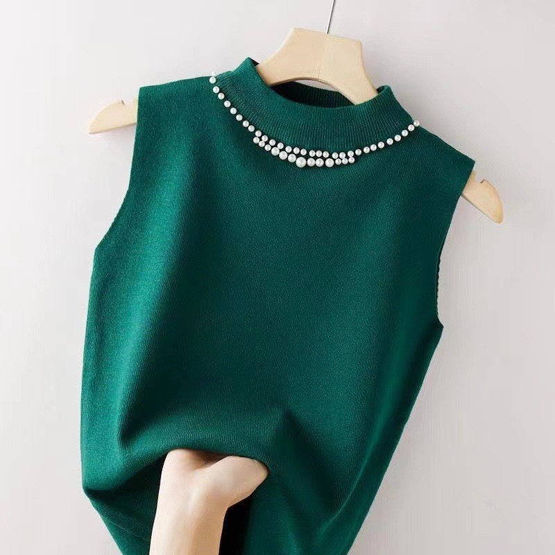 สไตล์ใหม่ครึ่งคอสูงลูกปัด Camisole ผู้หญิงสไตล์ตะวันตก All-Match Slimmer ดู Bo