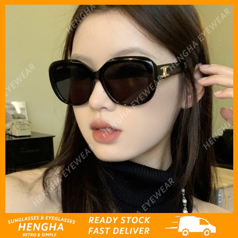 (HENGHA) Retro Cat Eye Black Large Frame Oval Sun Shade แว่นกันแดด