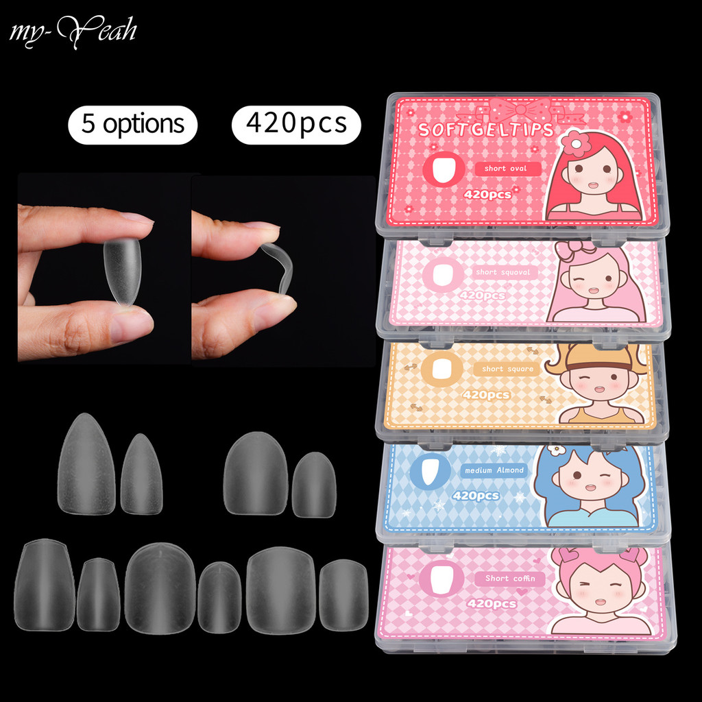 Myyeah 420 ชิ้น Matte สั้นปลอมอัลมอนด์โลงศพคลุมทั้งหมดเคล็ดลับประดิษฐ์กดบนเล็บปลอม เล็บเครื่องมือ
