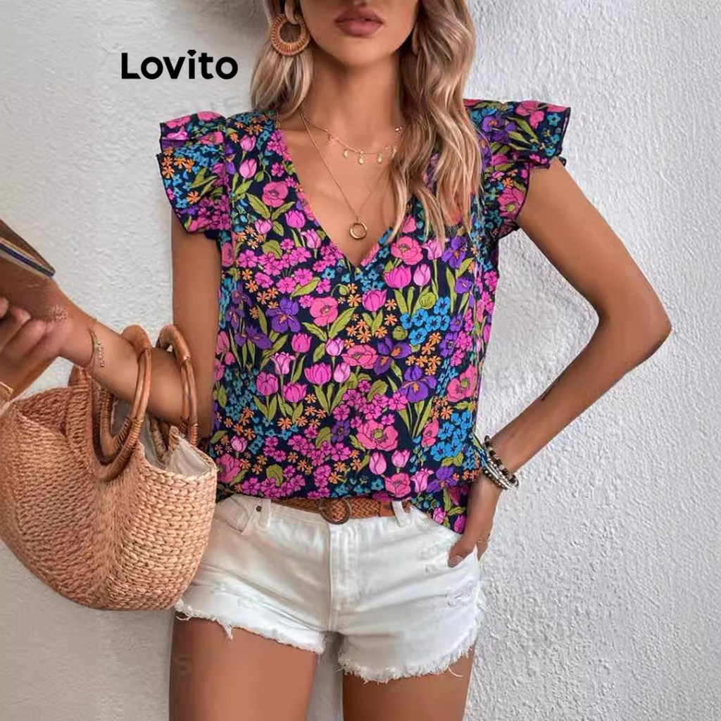 Lovito เสื้อเบลาส์ลายดอกไม้เขตร้อนหรูหราสำหรับผู้หญิง LNL75488