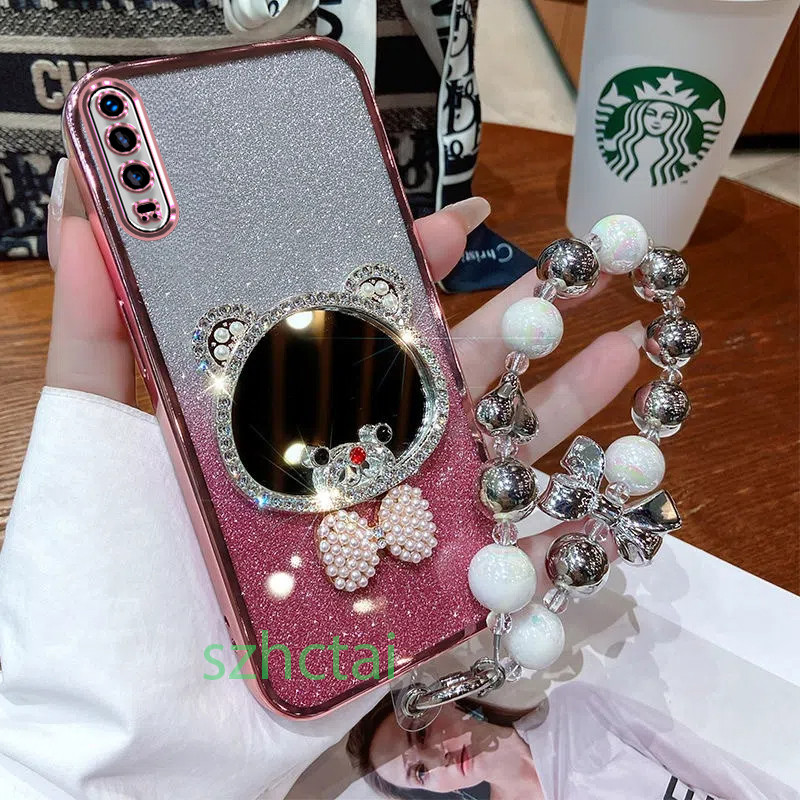 เคสโทรศัพท์ Huawei p30 lite P20 lite p30 p20 กระจกแต่งหน้าหูหมีมงกุฎหรูหราพร้อมเชือกเส้นเล็ก เคส Hua