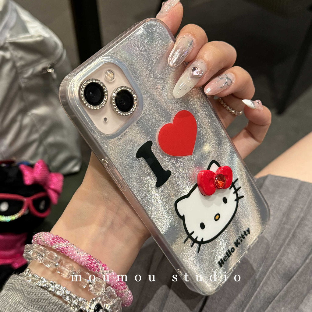 Huiwanju สติกเกอร์ปมเพชรสีแดง I love cat เหมาะสําหรับ iphone 15promax เคสโทรศัพท์มือถือ 14pro เคสป้องกัน 13/12 สาว