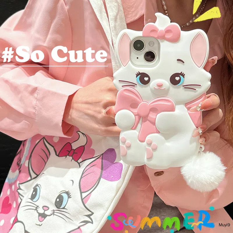 สเตอริโอการ์ตูนตลกน่ารักสีชมพู Bowknot Marie Cat ซิลิโคนสําหรับ IPhone16ProMax เคสโทรศัพท์ 14ProMax ปลอก I12 Pro MAX I11 นุ่มกรณี IP15/13Pro Anti-fall ฝาครอบ Iphone กลับกรณี