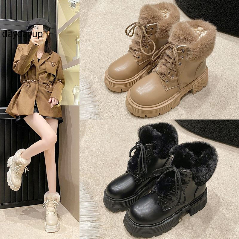 ผู้หญิงฤดูหนาวที่อบอุ่นหิมะรองเท้าหนังแท้รองเท้าส้นสูงกระต่ายขนรองเท้าสั้นเพิ่มกํามะหยี่
