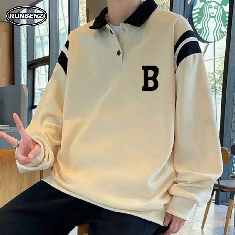 ม-8เอ็กแอล แฟชั่นเกาหลีแอปริคอทเสื้อยืดผู้ชายขนาดบวกเสื้อโปโลสบายๆหลวมแขนยาวด้านบน