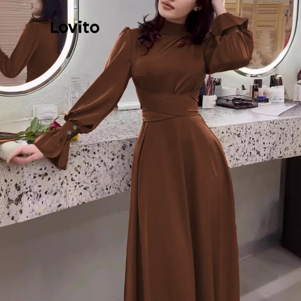 Lovito ชุดเดรสผู้หญิง มีซิป โบว์หลัง แต่งระบาย สีพื้น สไตล์หรูหรา LNL62352