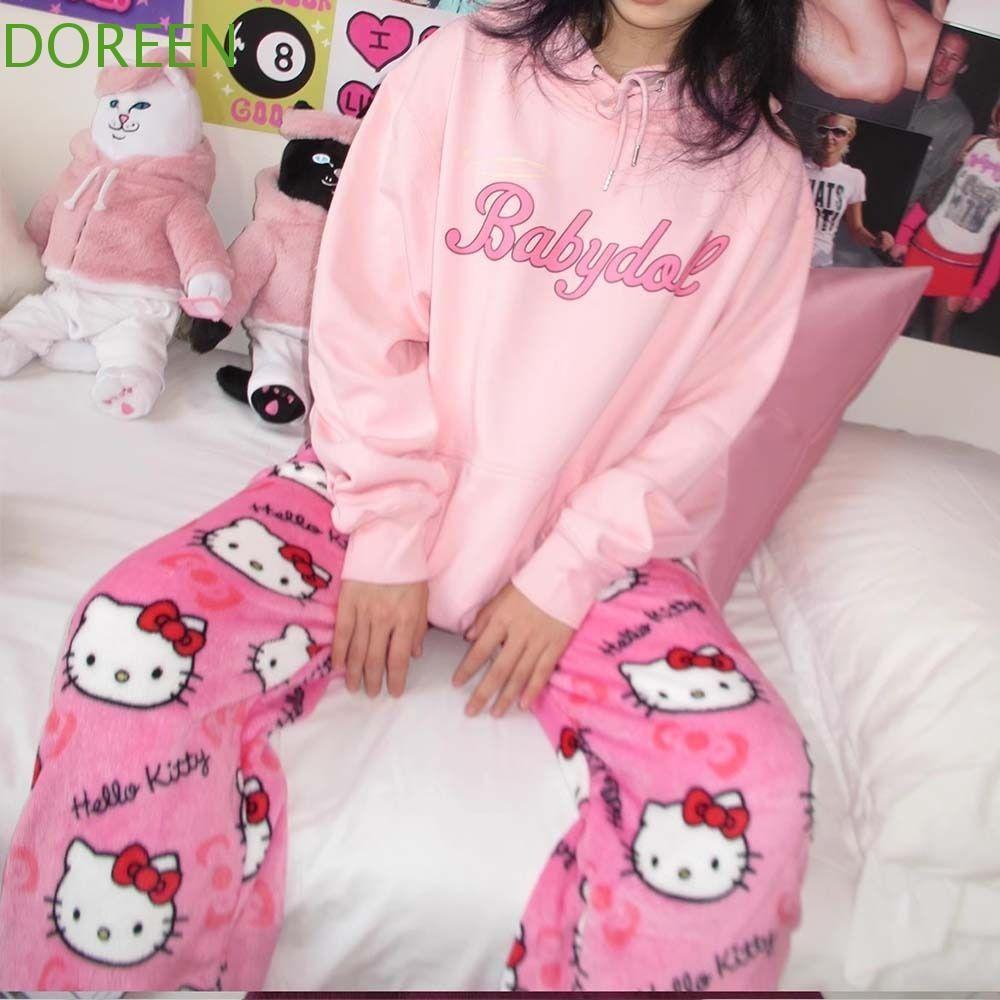 Doreen Kitty Cat Pajama กางเกง,เสื้อผ้าหน้าแรกกางเกงขนแกะการ์ตูน,Thicken Winter Anime Coral Fleece Elastic Fabric Pantsผู้หญิง