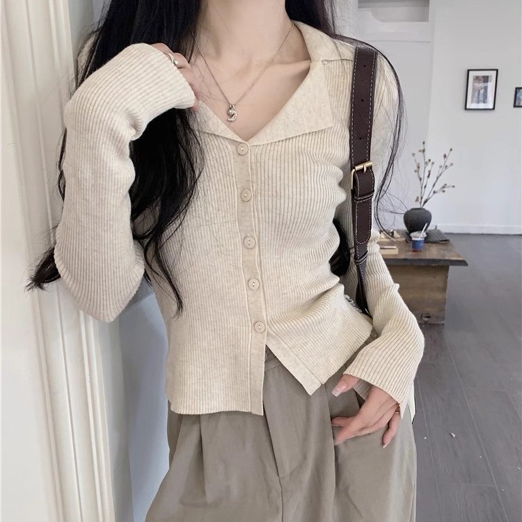 ภาษาฝรั่งเศสคําแขนยาวถักเสื้อสเวตเตอร์ถักผู้หญิงฤดูใบไม้ร่วงเกาหลีรุ่น บาง พอดี สูงสุด