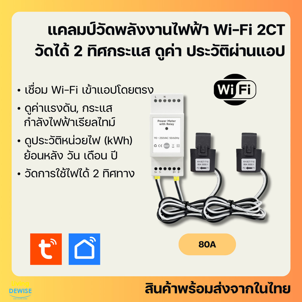 Tuya แคลมป์มิเตอร์ 2 แคลมป์ Wi-Fi (PC472) วัดพลังงานไฟฟ้า เก็บประวัติย้อนหลัง ดูผ่านแอป-Clamp
