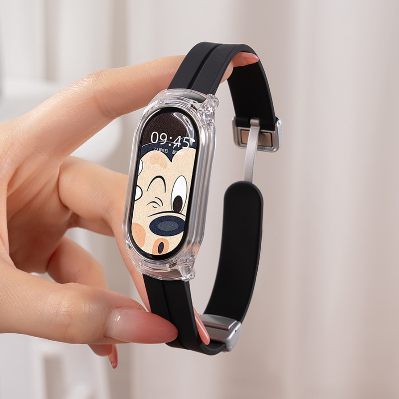 สายรัดซิลิโคนแม่เหล็กพร้อมเคสใสสําหรับ Xiaomi Mi Band 9 8 7 6 สร้อยข้อมือสมาร์ทสายรัดข้อมือสําหรับ Mi Band 5 4 3 สร้อยข้อมือสมาร์ทวอทช์