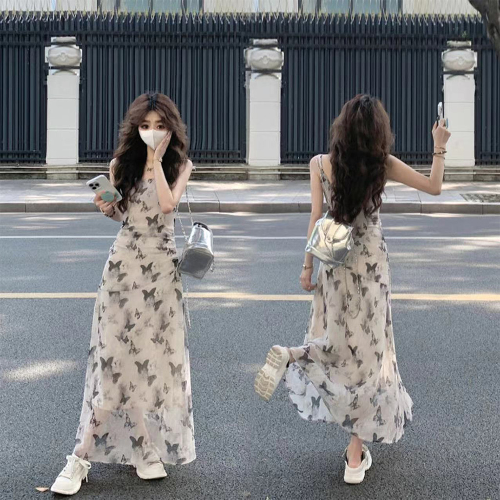 เดรสคอกลม สายเดี่ยว ลายผีเสื้อ สำหรับฤดูร้อน ดีไซน์ฝรั่งเศส