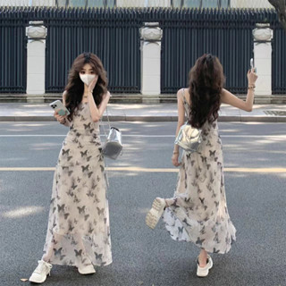 เดรสคอกลม สายเดี่ยว ลายผีเสื้อ สำหรับฤดูร้อน ดีไซน์ฝรั่งเศส