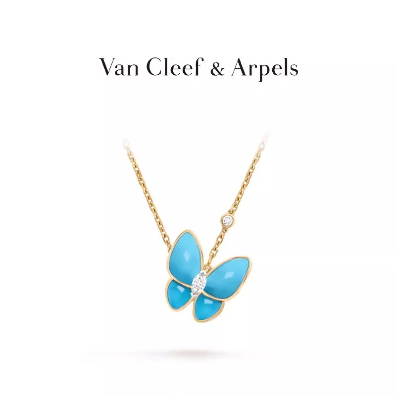 [คลังสินค้าพร้อมพร้อมกล่องบรรจุภัณฑ์] Van Cleef & Arpels/Vca Two จี้ผีเสื้อสีเหลือง K Gold Turquoise