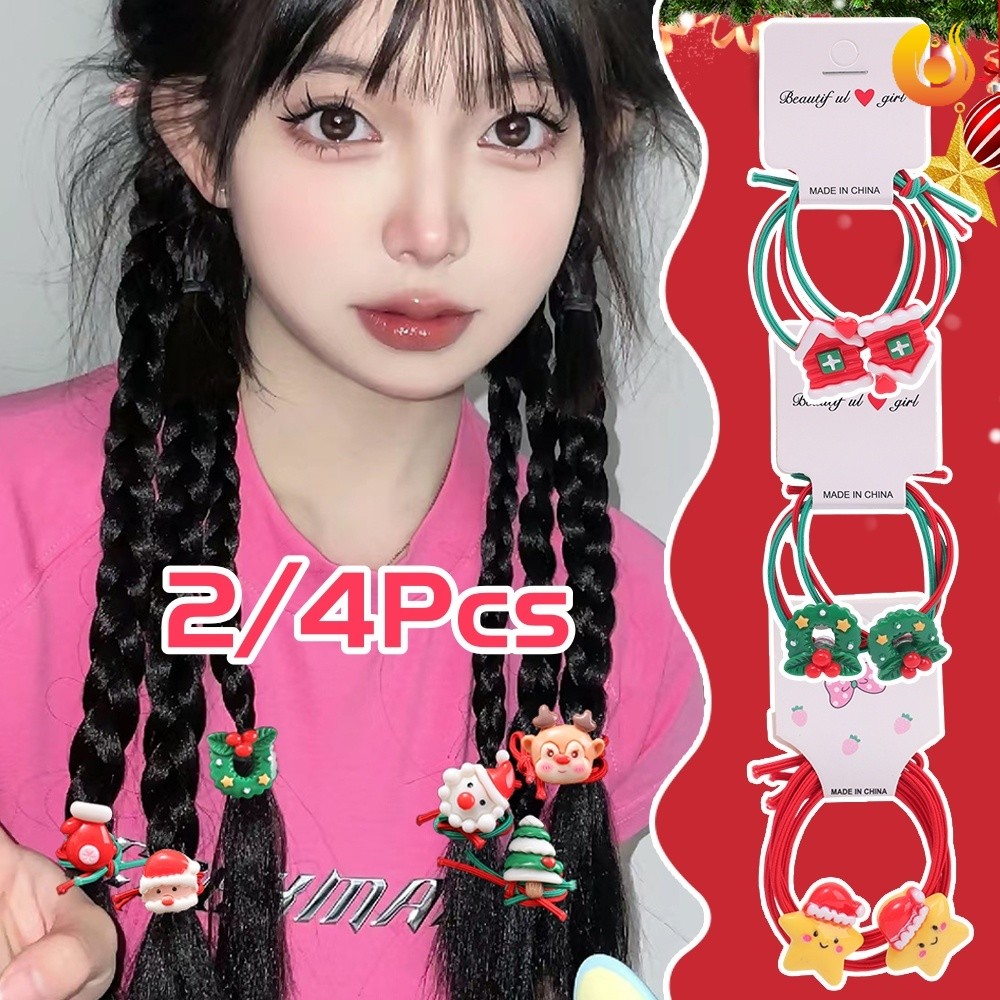 2/4ชิ้นการ์ตูนน่ารักต้นคริสต์มาสซานตาคลอสมนุษย์หิมะสาวผมเชือก-ความยืดหยุ่นสูงชุดคริสต์มาสเด็กผู้ถือผมหางม้าผูกผม