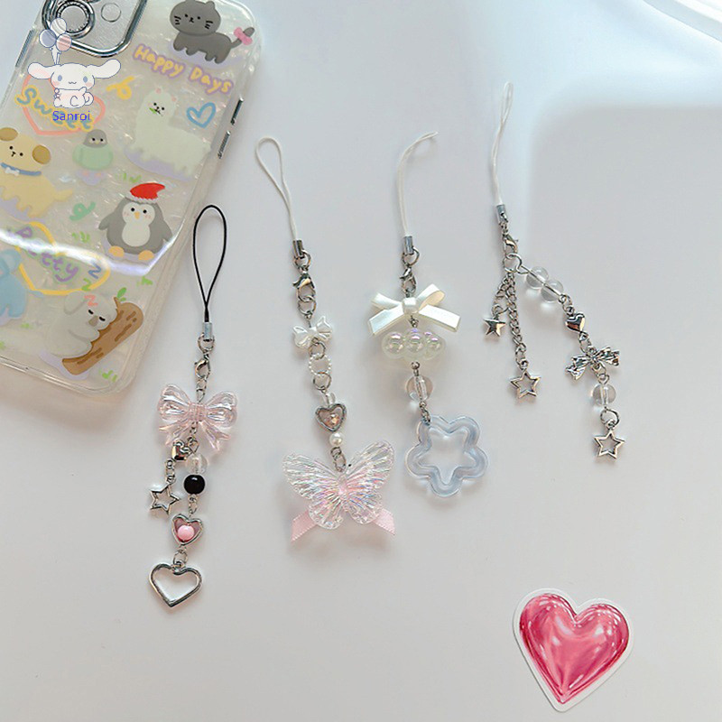 [San] 1pc น่ารักผีเสื้อลูกปัด Handmade Sweet Girl พวงกุญแจสําหรับ IP 11 กล้อง Kawaii Y2K Love Five Pointed Star โทรศัพท์ Ch จี้ POP