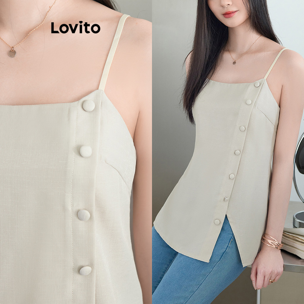 Lovito เสื้อกล้ามทรงอสมมาตรปุ่มธรรมดาหรูหราสำหรับผู้หญิง L100MD047