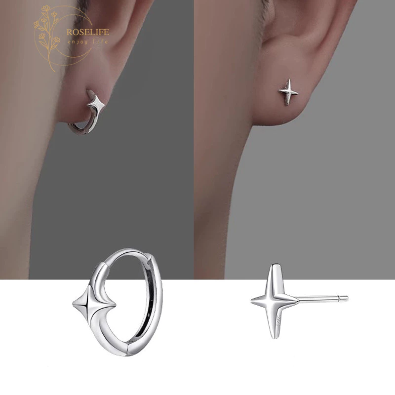 Roselife Unisex Cool Silver Cross Star Circle Hoop ต่างหูสําหรับผู้ชายผู้หญิง Street แฟชั่นรอบต่างหูเครื่องประดับอุปกรณ์เสริม