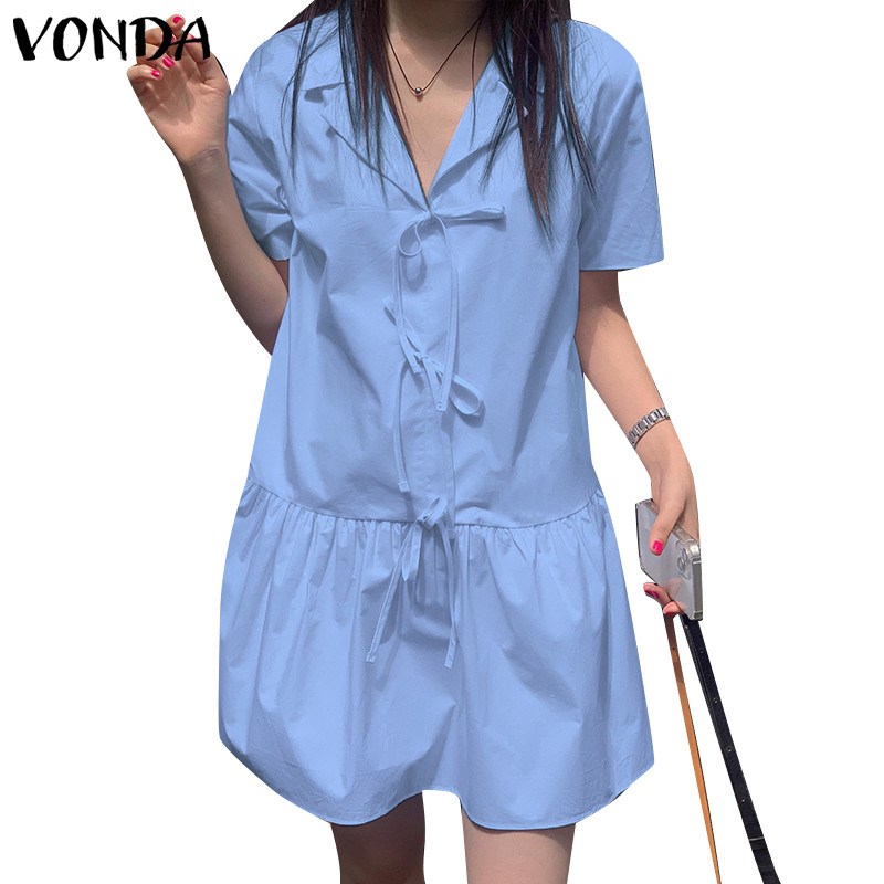Vonda ผู้หญิงเกาหลีเสื้อแขนสั้นคอปกผูกชุดเดรสยาวต้นขา