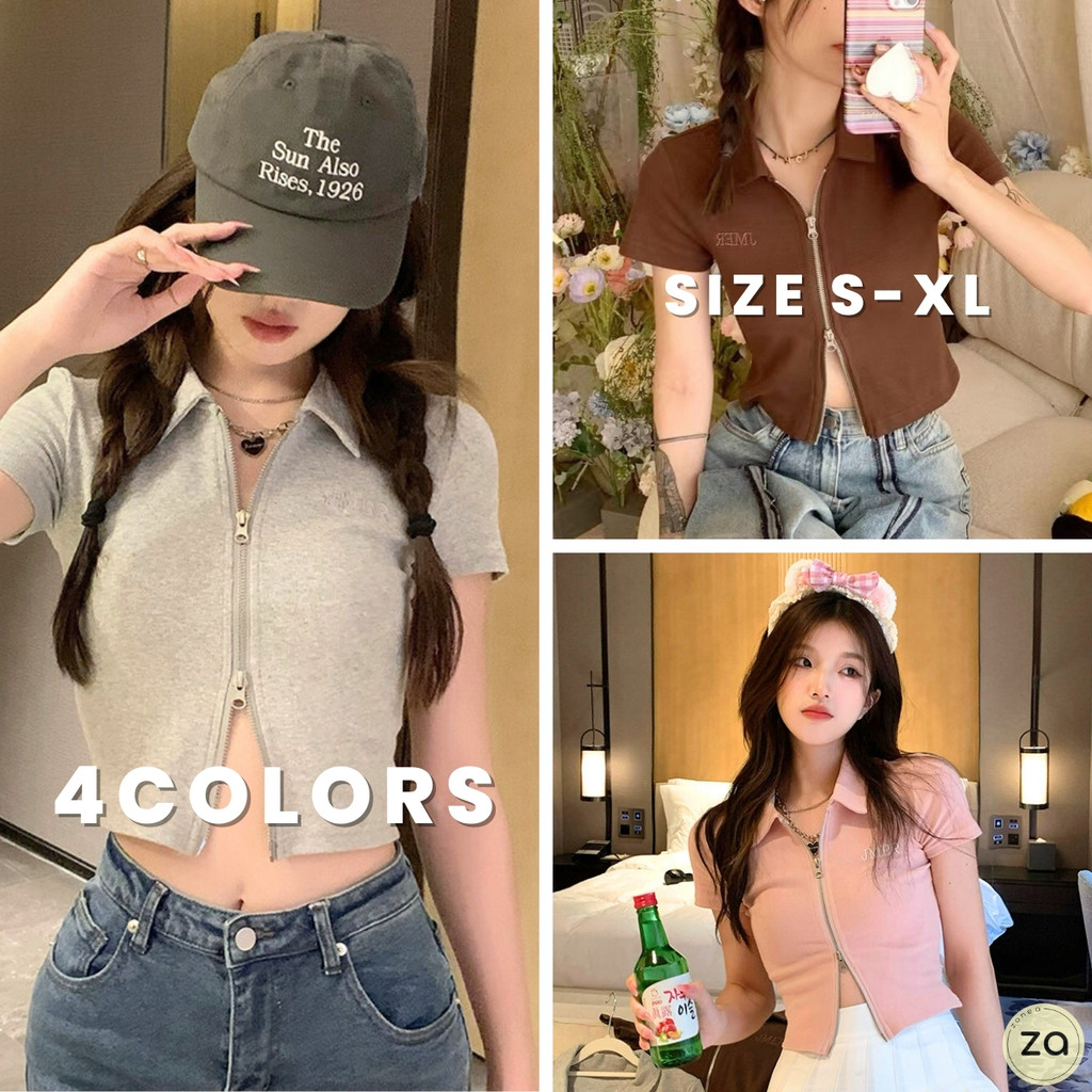 💥HOT SALE💥เสื้อแฟชั่นคอปก เสื้อซิปรูดได้บนล่าง 4 สี อกปักลาย JMER