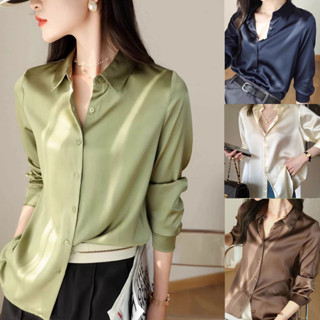 Dahong 💖 เสื้อเชิ้ตแขนยาวผู้หญิง ผ้าซาติน สีพื้น ทรงหลวม สไต…