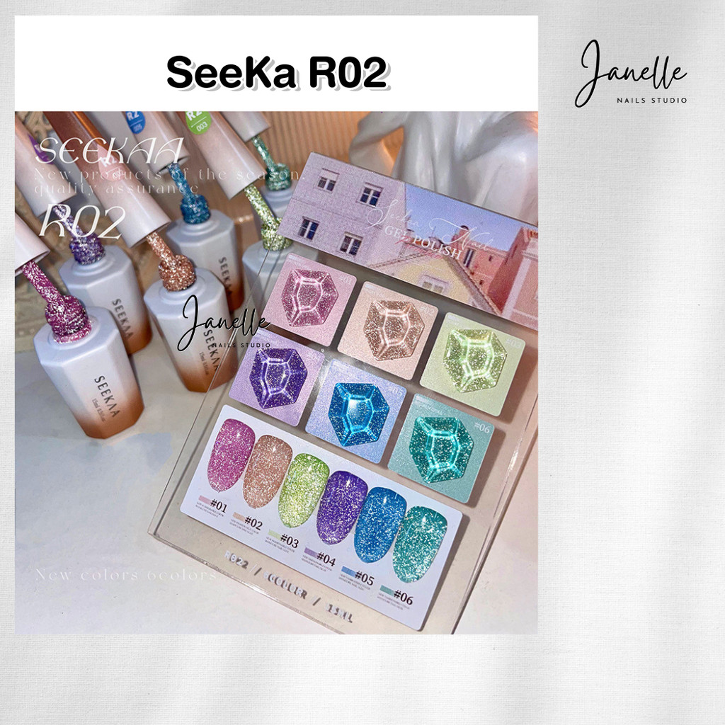 สีเจล Seeka รหัสR02 สีเจลแฟลชกากเพชร เซ็ท6สี แถมชาร์ต 15ml - Janelle