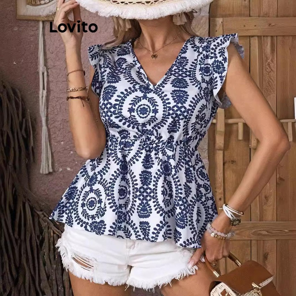 Lovito เสื้อเบลาส์ผู้หญิง ลายดอกไม้ สไตล์ลำลอง LNM68256